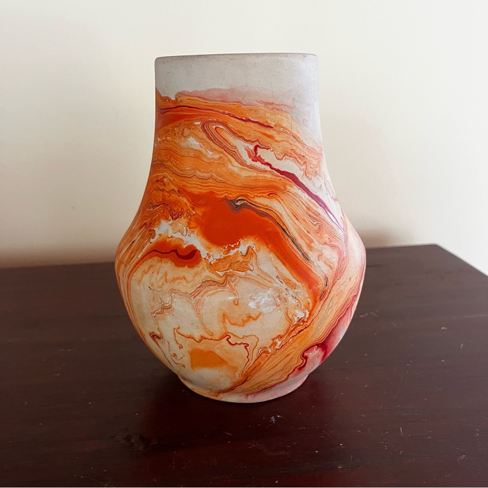 Nemadji Pottery Vase Pot Orange Red Black Swirl